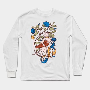 Cute Medieval Cat with Lute Colorful Drawing Long Sleeve T-Shirt